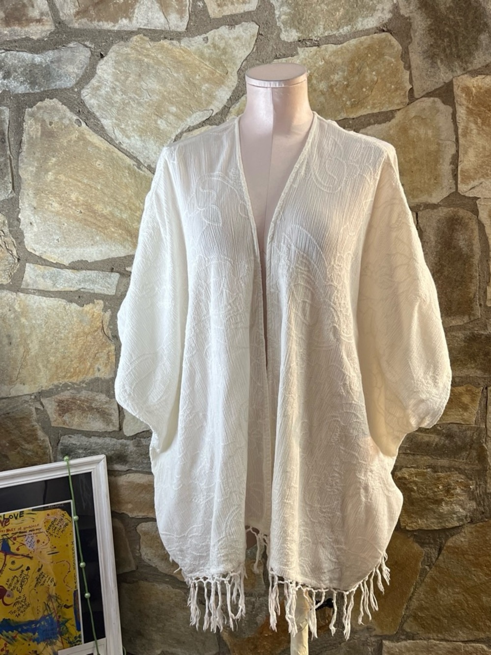 Billabong White Embroidered Fringe Kimono Cover-Up | Size S/M
